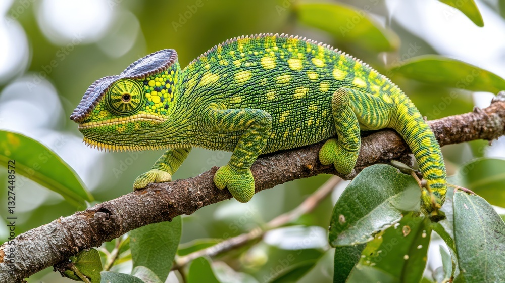 Fototapeta premium Colorful chameleon perched on a branch in nature