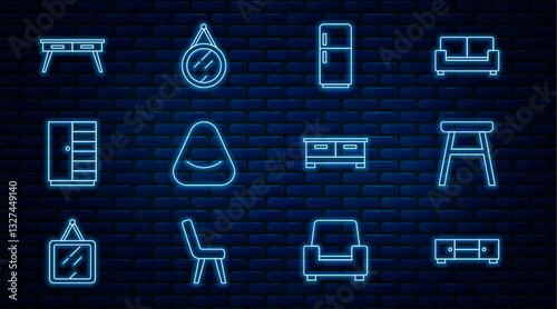 Set line Chest of drawers, Chair, Refrigerator, Pouf, Wardrobe, Office desk, and Mirror icon. Vector