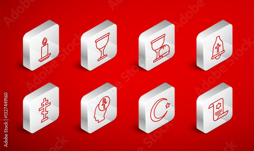 Set line Torah scroll, Holy grail chalice, Church bell, Star and crescent, Burning candle, Cross ankh and Christian cross icon. Vector