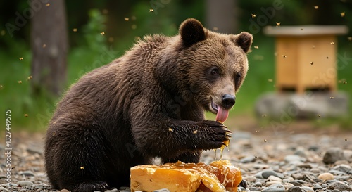 Bear Eating Honey in Forest with Bees and Beehive