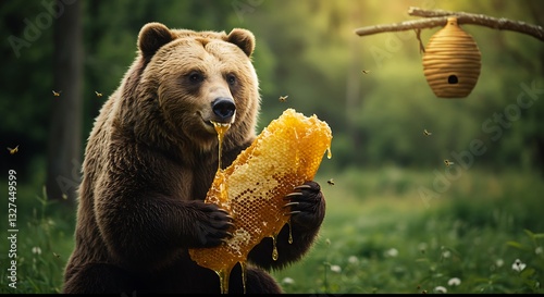 Brown Bear Enjoying Honeycomb in Forest with Beehive Hanging Nearby