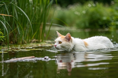 Turkish van cat swimming in a small pond nature photography serene environment captivating viewpoint for animal lovers photo