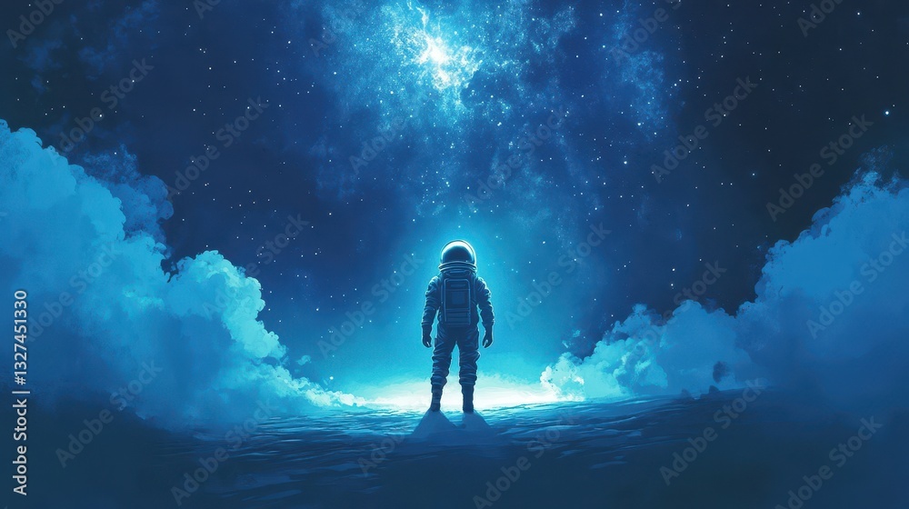 An astronaut standing alone and facing the starry sky An astronaut standing alone and facing the starry sky