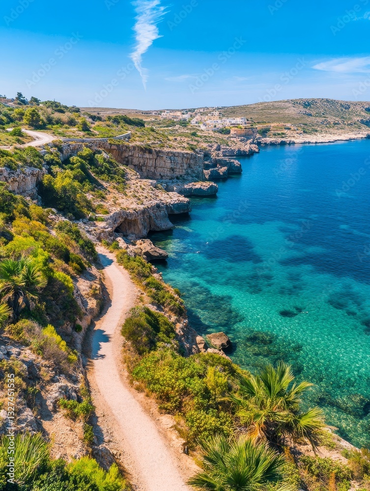 Obraz premium Coastal Trail Winding Path Scenic View - Serene coastal path, winding trail, turquoise water, cliffside vegetation, summer vacation. Symbolizing peace, adventure, nature, exploration, escape