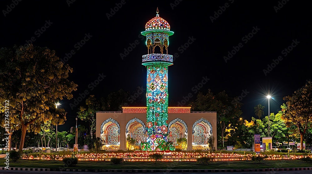Naklejka premium Illuminated Night Structure Festive Colorful Architecture