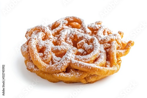 Sugar coated funnel cake isolated on white or white background.
