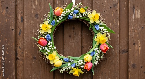 Festive Spring Flower Wreath Hanging on Rustic Wooden Door Decor
