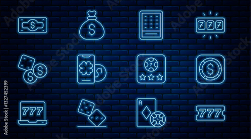 Set line Lottery ticket, Coin money with dollar, Online poker table game, Game dice, Stacks paper cash, and Money bag icon. Vector