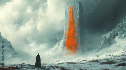 A lone figure in a cloak gazes at a towering, fiery monolith amidst a snowy landscape