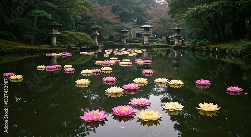 Water Lilies Floating in Tranquil Pond at Japanese Garden