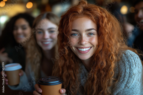 Photo lifestyle joyeuse d’un groupe d’amies souriantes dans un café animé, ambiance conviviale et chaleureuse, complicité et énergie communicative photo