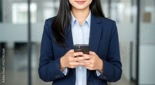 An efficient executive in a dark blazer manages projects via smartphone in a contemporary office with sustainable plants and glass design.