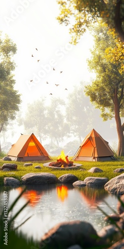 Wallpaper Mural Tranquil Camping Scene Two Orange Tents by a Calm Pond in a Sunlit Forest Torontodigital.ca