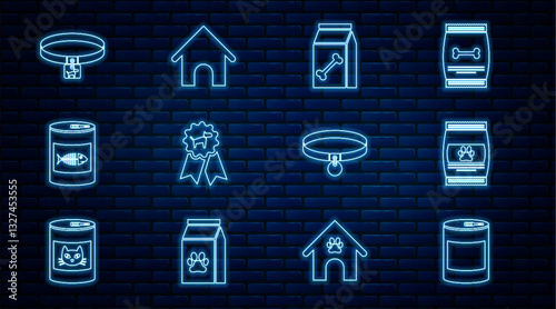 Set line Canned food, Bag of for pet, Dog award symbol, cat, collar, Collar and house icon. Vector