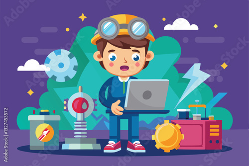 A young inventor stands confused beside gadgets, facing technical problems with his laptop in a colorful landscape, Technical problems, Cartoon flat vector illustration