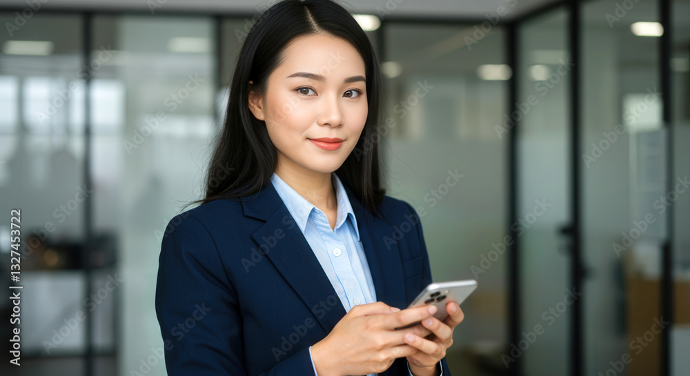 A sharp businesswoman in a navy blazer coordinates with her team on a smartphone in a modern office with glass walls and lush green plants. A sharp businesswoman in a navy blazer coordinates with her team on a smartphone in a modern office with glass walls and lush green plants.
