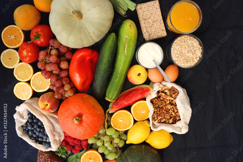 Various healthy fruits, vegetables and cereals on dark background. Top view.