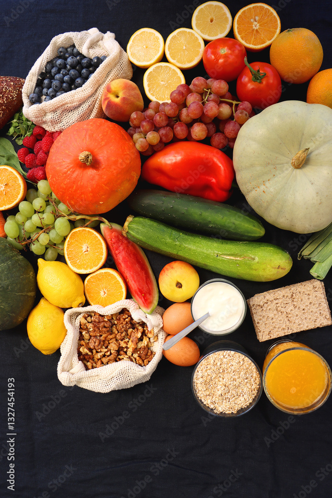 Various healthy fruits, vegetables and cereals on dark background. Top view.