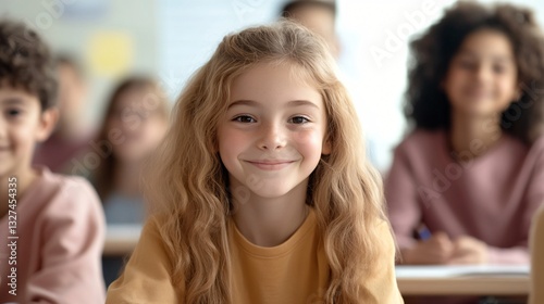 Cheerful girl in classroom, young students engaged and smiling, warm atmosphere, focus on learning and friendship.