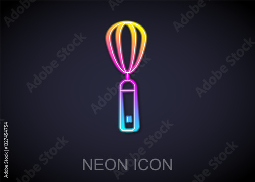 Glowing neon line Kitchen whisk icon isolated on black background. Cooking utensil, egg beater. Cutlery sign. Food mix symbol. Vector