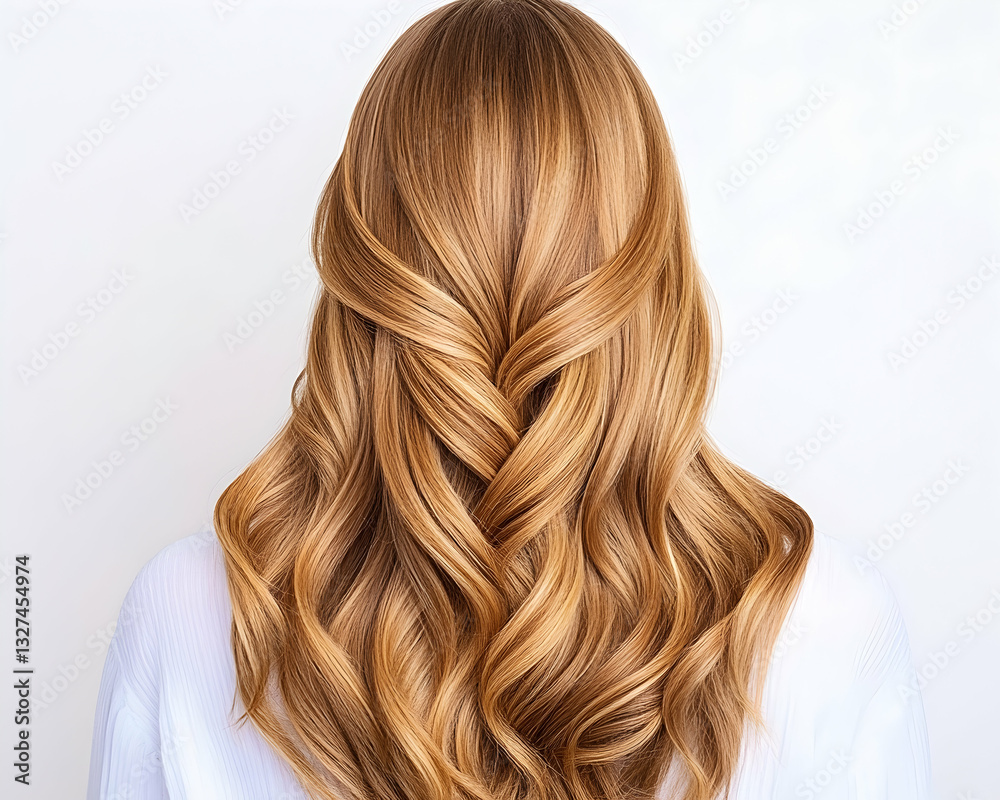 Naklejka premium Golden blonde wavy hair styled in a complex braid