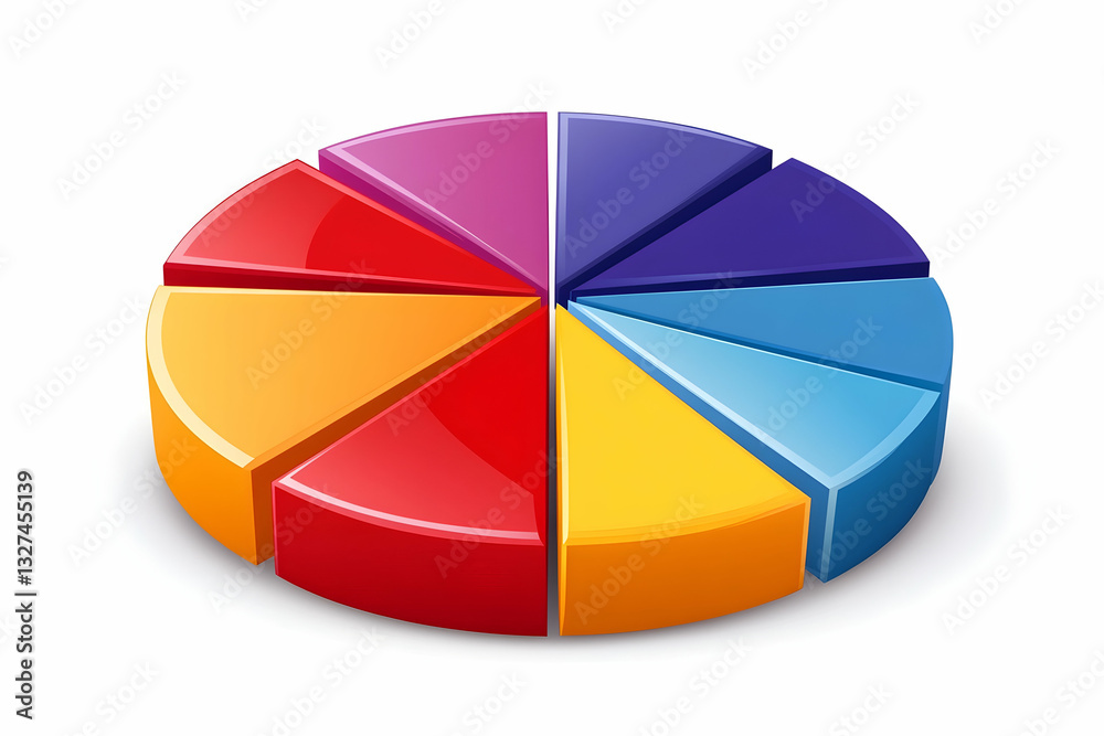 3D pie chart divided into eight multicolored segments. Illustrates data visualization 3D pie chart divided into eight multicolored segments. Illustrates data visualization