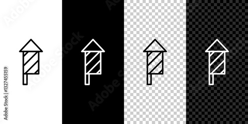 Set line Firework rocket icon isolated on black and white, transparent background. Concept of fun party. Explosive pyrotechnic symbol. Vector