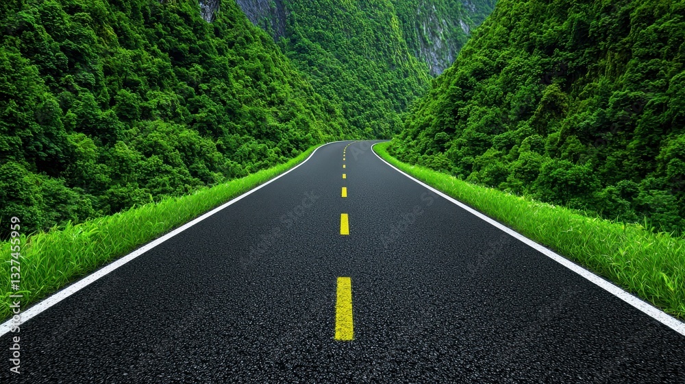 A long winding road marked with a bright yellow line along the side, inviting exploration through beautiful open landscapes