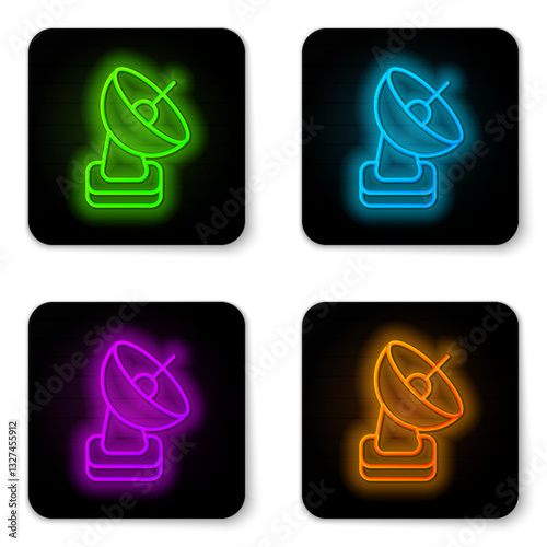 Glowing neon line Radar icon isolated on white background. Search system. Satellite sign. Black square button. Vector