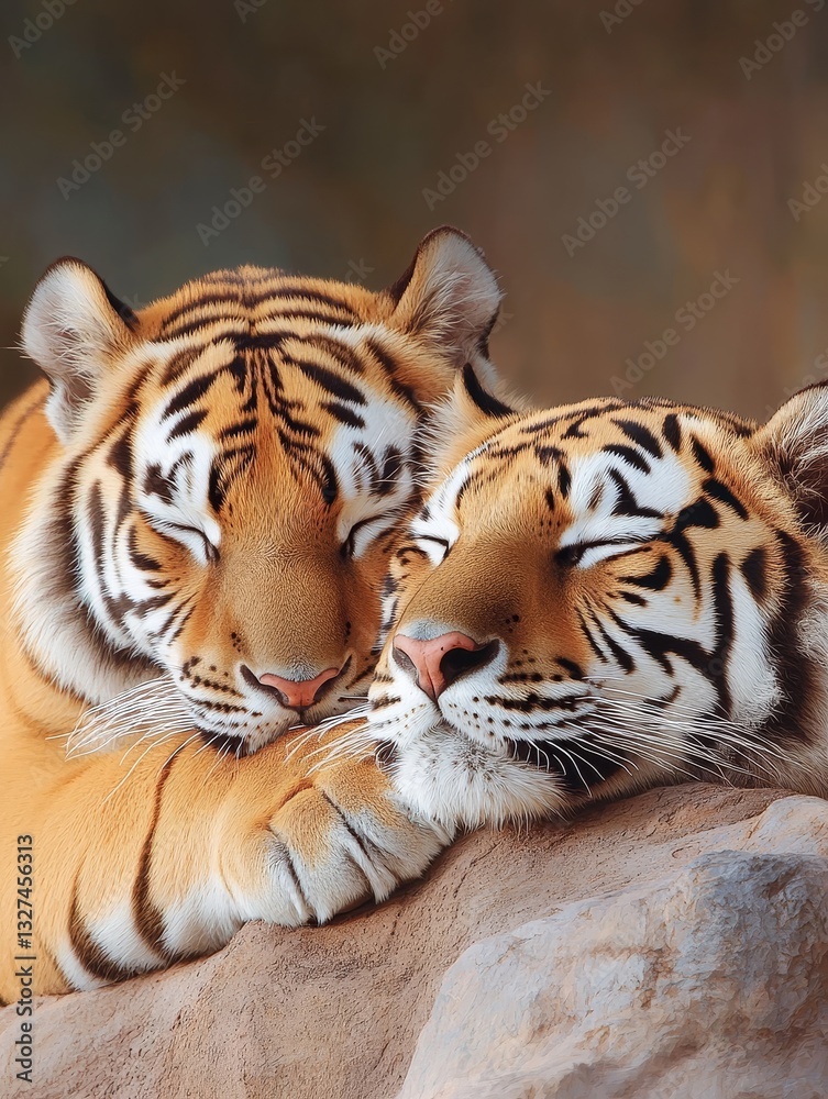 Obraz premium Serene Slumber: Tigers Sharing Peaceful Rest - Two majestic tigers nestled together, symbolizing peace, companionship, wildlife conservation, the beauty of nature, and the power of connection