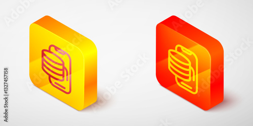 Isometric line Cloud technology data transfer and storage icon isolated on grey background. Yellow and orange square button. Vector