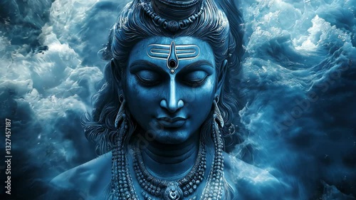 A majestic depiction of Lord Shiva meditating, surrounded by a blue cosmic aura, symbolizing peace, power, and divine wisdom. . High quality 4k footage