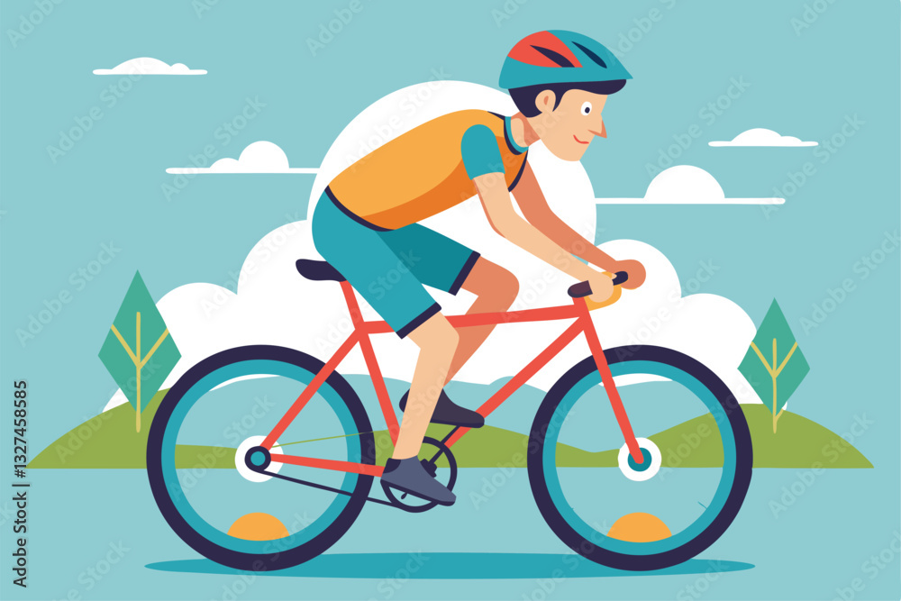 Fototapeta premium A teenage boy enjoys pedaling his bicycle through a park under a clear blue sky, Teenage boy rides bicycle and pedals,