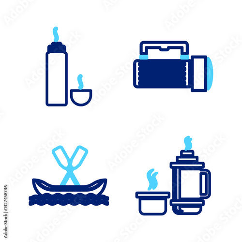 Set line Thermos container, Rafting boat, Flashlight and icon. Vector