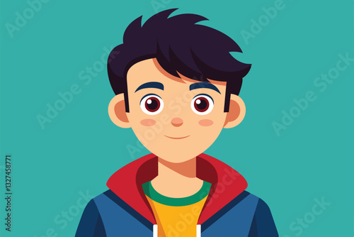 A customizable cartoon of a teenage boy smiling, wearing a hoodie, with a bright and inviting color scheme, Teenager Customizable Cartoon Illustration