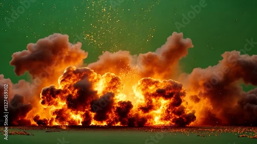 Nuclear atomic bomb explosion VFX with smoke, fire and mushroom cloud, isolated on green screen  background