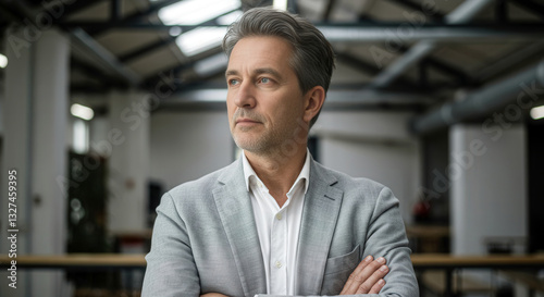 Mature Businessman in Gray Suit with Arms Crossed in Industrial Office Space