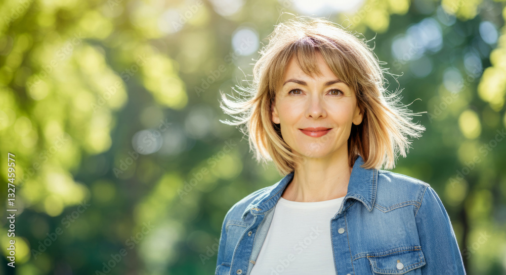 Smiling caucasian female adult in nature with short hair and denim jacket Smiling caucasian female adult in nature with short hair and denim jacket