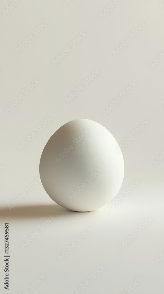 A single white egg on a simple plain off white backdrop