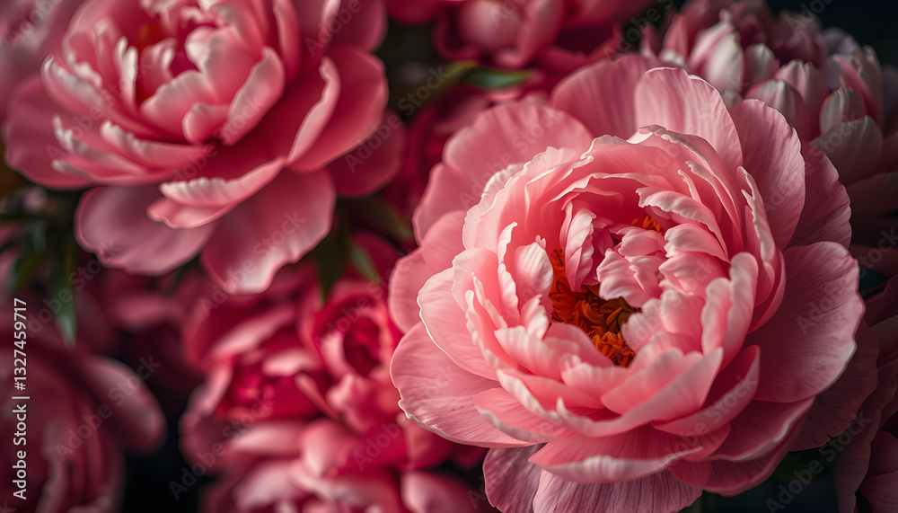 Beautiful floral background from pink peonies. Tender flowers petals in vintage toned, dramatic atmosphere. White tone Beautiful floral background from pink peonies. Tender flowers petals in vintage toned, dramatic atmosphere. White tone