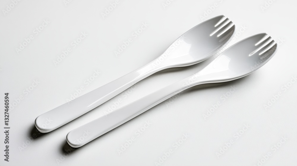 White Plastic Serving Utensils on White Background - A pair of elegant white plastic serving spoons and forks, ideal for salads or desserts. Symbolizing simplicity, cleanliness, functionality White Plastic Serving Utensils on White Background - A pair of elegant white plastic serving spoons and forks, ideal for salads or desserts. Symbolizing simplicity, cleanliness, functionality