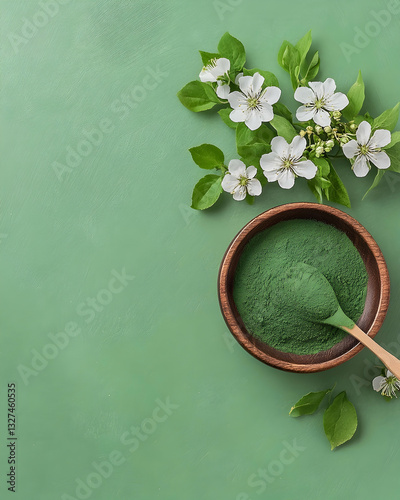 Green powder in wooden bowl with spring blossoms