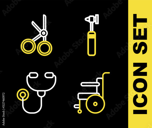 Set line Medical otoscope tool, Wheelchair for disabled person, Stethoscope and scissors icon. Vector