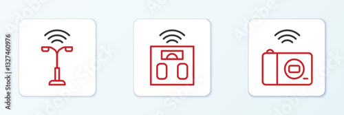 Set line Smart photo camera, street light and bathroom scales icon. Vector