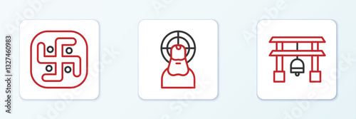 Set line Japan Gate, Jainism and Jesus Christ icon. Vector