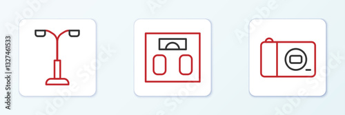 Set line Photo camera, Street light and Bathroom scales icon. Vector