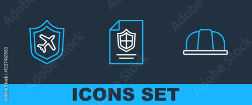 Set line Worker safety helmet, Plane with shield and Contract icon. Vector