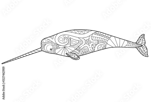 Narwhal - marine mammal coloring antistress - vector linear picture for coloring. A male unicorn-fish with a long tusk is an underwater animal for a coloring book. Outline.	