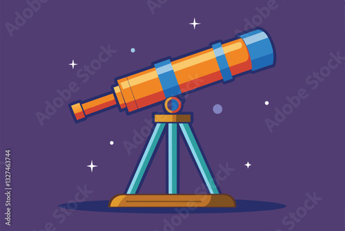 A vibrant flat telescope stands prominently, designed for stargazing against a rich purple backdrop filled with stars, Telescope Customizable Flat Illustration