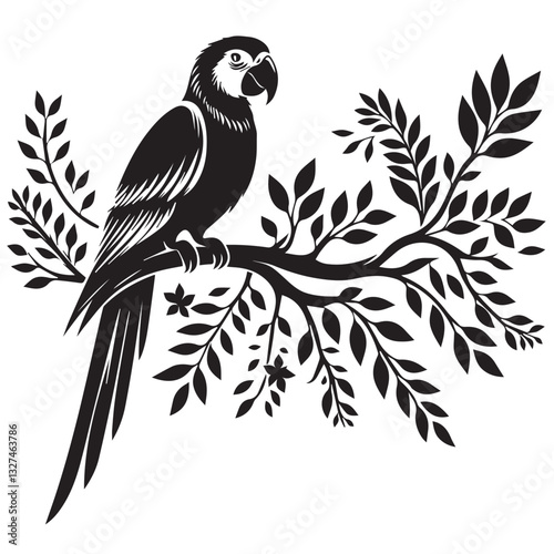 monochrome parrot perched on leafy branch in tropical jungle, elegant bird silhouette artwork, nature-inspired exotic wildlife illustration, tribal-style avian design